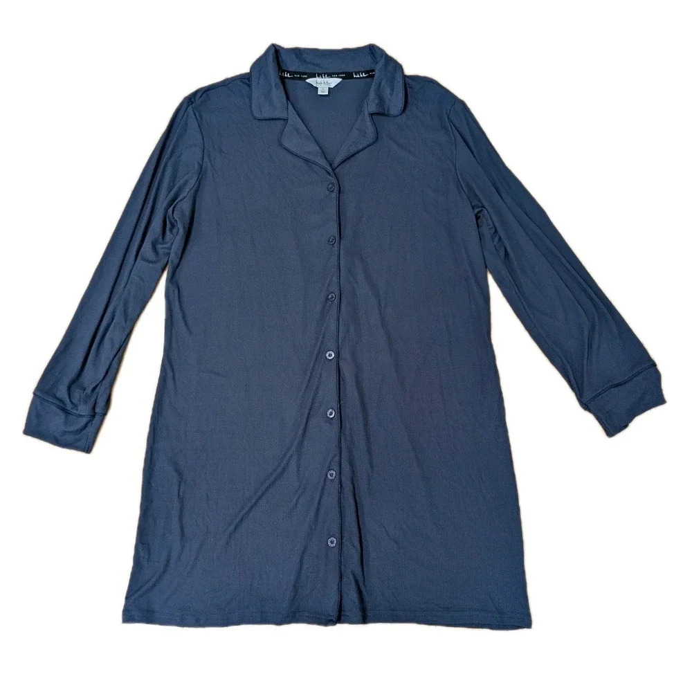 Nicole Miller Button Down Night Shirt Dress Pajamas Womens L Naval Blue NEW NWT